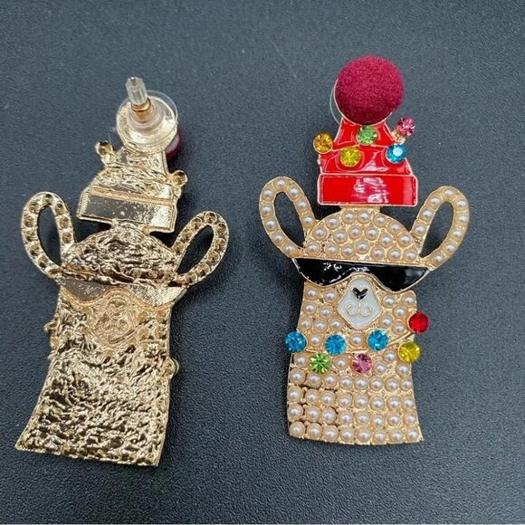 Festive Llama Reindeer Rhinestone Beaded Christmas Earrings - Pierced - Picture 2 of 7